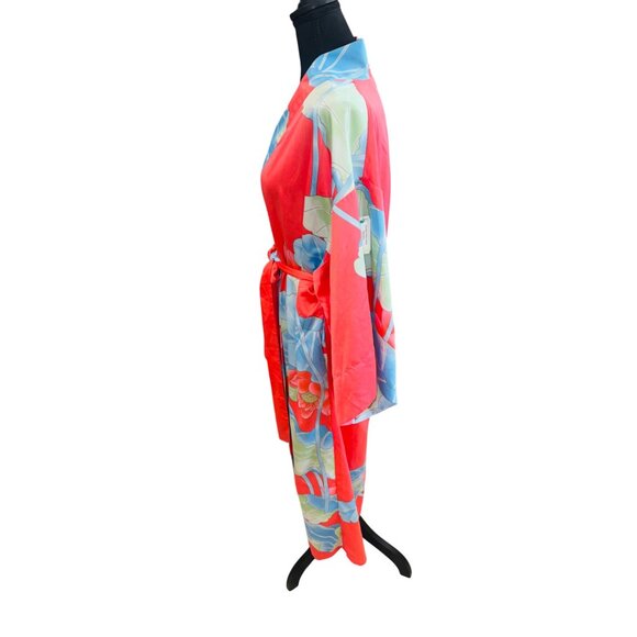 Natori Private Luxuries Floral Kimono Robe Belted Tie Vibrant Red Blue M Resort - Picture 5 of 10